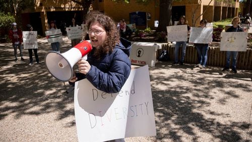 Michael Anderson, a sophomore studying psychology, leads as University of Texas at Arlington students gather outside of the E.H. Hereford University Center on April 3 to protest three new state policies. (Juan Figueroa/The Dallas Morning News/TNS)