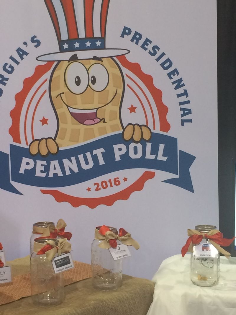 Oct. 8, 2015: Perry, Ga.: Peanuts are placed in jars with candidates' names in the Peanut Poll at the Georgia National Fair. At 5 p.m. each day of the fair, which runs until Oct. 18, a special guest will announce the daily tally.