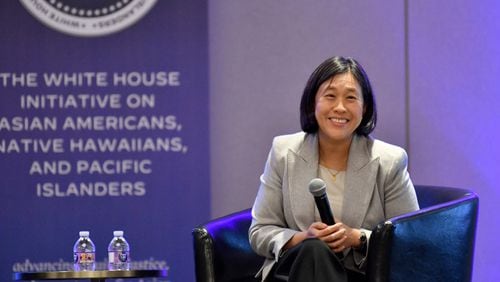 U.S. Trade Representative Ambassador Katherine Tai speaks during Asian American, Native Hawaiian, and Pacific Islander (AA and NHPI) Economic Summit at Gas South Convention Center, Wednesday, January 10, 2024, in Duluth. On Wednesday, January 10, 2024, the White House Initiative on Asian Americans, Native Hawaiians, and Pacific Islanders (WHIAANHPI) hosted an economic summit in the metro Atlanta area in Georgia to connect Asian American, Native Hawaiian, and Pacific Islander (AA and NHPI) community members directly with federal leaders and resources. (Hyosub Shin / Hyosub.Shin@ajc.com)