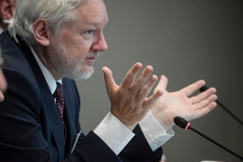 Wikileaks founder Julian Assange addresses the Council of Europe in Strasbourg, eastern France, Tuesday, Oct. 1, 2024. (AP Photo/Pascal Bastien)