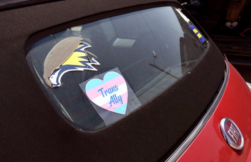 Window stickers are displayed on Democrat Becky Blackburn's car in Lusk, Wyo., on July 31, 2024. (AP Photo/Thomas Peipert)