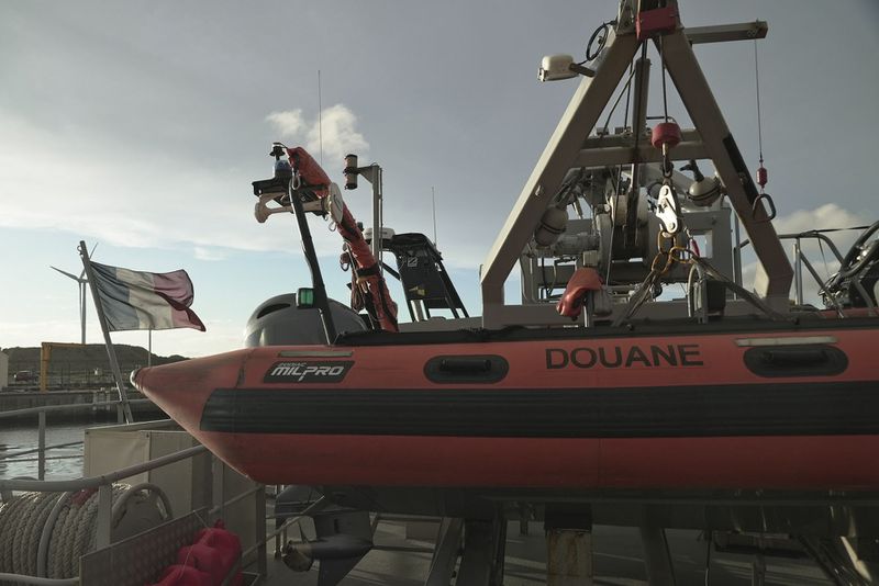 FILE - A view of one of the vessels from the French Gendarmerie Nationale in the port of Boulogne-Sur-Mer, France, Tuesday, Sept. 3, 2024, after participating in the rescue operation after a boat carrying migrants ripped apart attempting to cross the English Channel. (AP Photo/Nicolas Garriga, File)