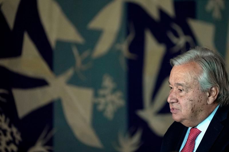 United Nations Secretary-General Antonio Guterres speaks during an interview at the United Nations headquarters, Monday, Sept. 9, 2024. (AP Photo/Pamela Smith)