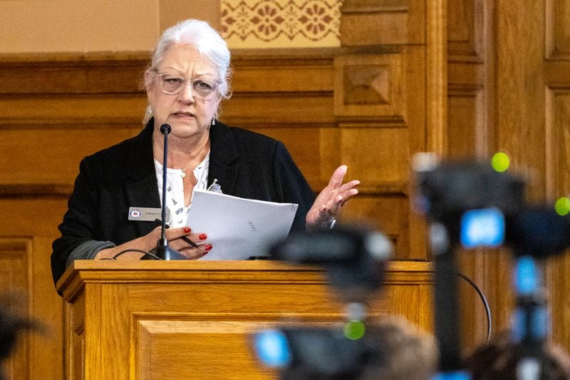 Salleigh Grubbs, chairwoman of the Cobb County Republican Part,  speaks at the State Election Board meeting at the Capitol in Atlanta on Tuesday, July 9, 2024. (Arvin Temkar / AJC)