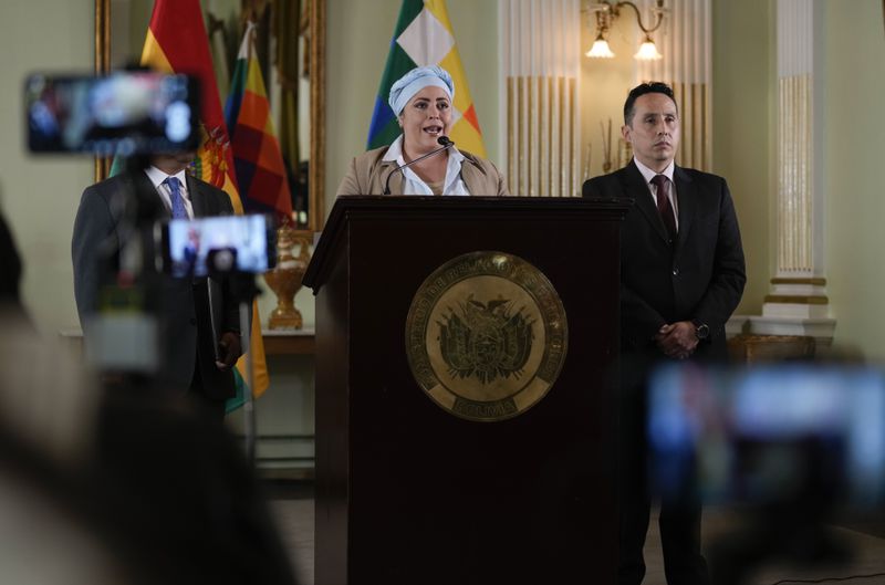 Bolivian interim Foreign Minister Maria Nela Prada speaks alongside Vice Minister of Consular Management Fernando Perez Cardenas, right, during a press conference in La Paz, Bolivia, Monday, July 1, 2024. (AP Photo/Juan Karita)