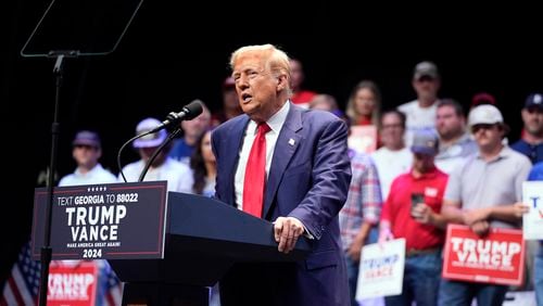 Republican presidential nominee former President Donald Trump speaks about the tax code and manufacturing at the Johnny Mercer Theatre Civic Center, Tuesday, Sept. 24, 2024, in Savannah, Ga. (AP Photo/Evan Vucci)