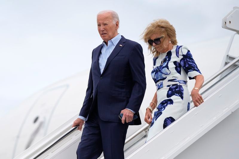 President Joe Biden, left, and first lady Jill Biden arrive at Francis S. Gabreski Airport, Saturday, June 29, 2024, in Westhampton Beach, N.Y. (AP Photo/Evan Vucci)