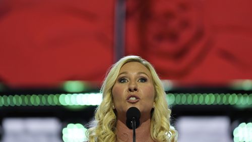 FILE - Rep. Marjorie Taylor Greene, R-Ga., speaks during the Republican National Convention Monday, July 15, 2024, in Milwaukee. An Atlanta man has pleaded guilty in federal court to making threats against U.S. Rep. Greene of Georgia. Court records show that 34-year-old Sean Patrick Cirillo pleaded guilty Tuesday, July 30, to a charge of transmitting interstate threats. (AP Photo/Julia Nikhinson, File)