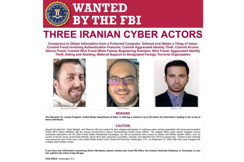 This image provided by the FBI shows three accused hackers, Seyyed Ali Aghamiri, Yasar Balaghi and Masoud Jalili, who were employed by Iran's paramilitary Revolutionary Guard, as the Justice Department unsealed criminal charges Friday, Sept. 27, 2024, against the three Iranian operatives suspected of hacking former President Donald Trump's campaign and disseminating stolen information to media organizations. (FBI via AP)