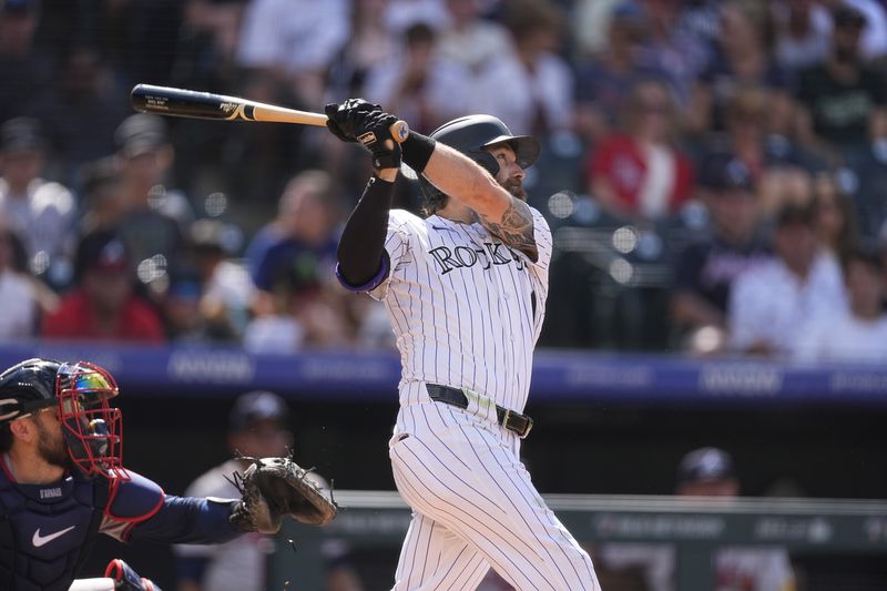 Colorado Rockies' Jake Cave follows the flight of his two-run home run off Atlanta Braves relief pitcher Luke Jackson in the eighth inning of a baseball game Sunday, Aug. 11, 2024, in Denver. (AP Photo/David Zalubowski)