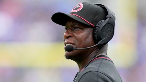 Atlanta Falcons head coach Raheem Morris watch during the second half of a preseason NFL football game against the Baltimore Ravens on Saturday, Aug. 17, 2024, in Baltimore. (AP Photo/Stephanie Scarbrough)