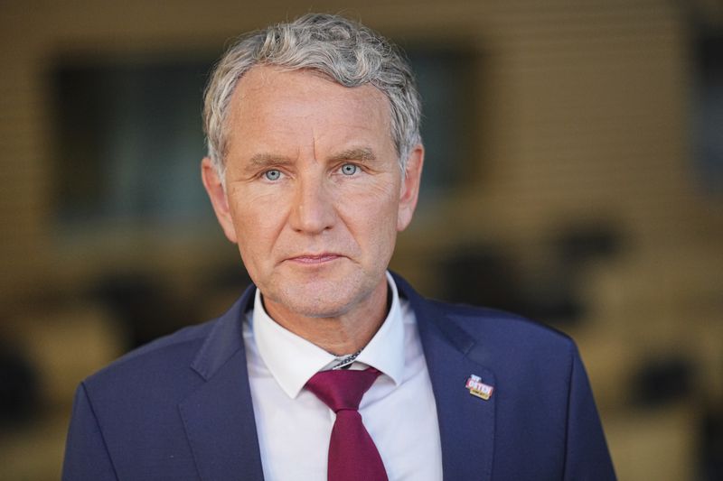 Bjorn Hecke (AfD) after the publication of the first forecasts for the state election in Saxony and Thuringia, in Erfurt, Germany, Sunday Sept. 1, 2024.. (Michael Kappeler/dpa via AP)