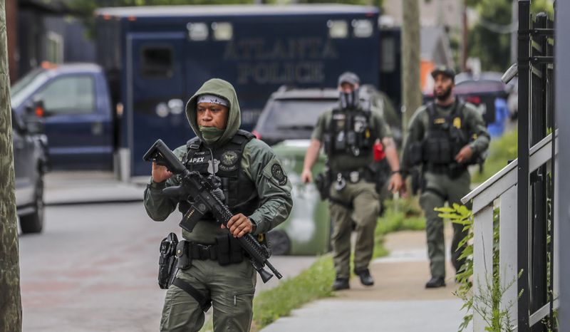 May 31, 2023 Atlanta: Atlanta police and the GBI work the scene on  Mayson Avenue near Hardee Street in Atlanta in connection with alleged financial crimes committed at the future site of the public safety training center, as well as other metro locations.
(John Spink / John.Spink@ajc.com)

