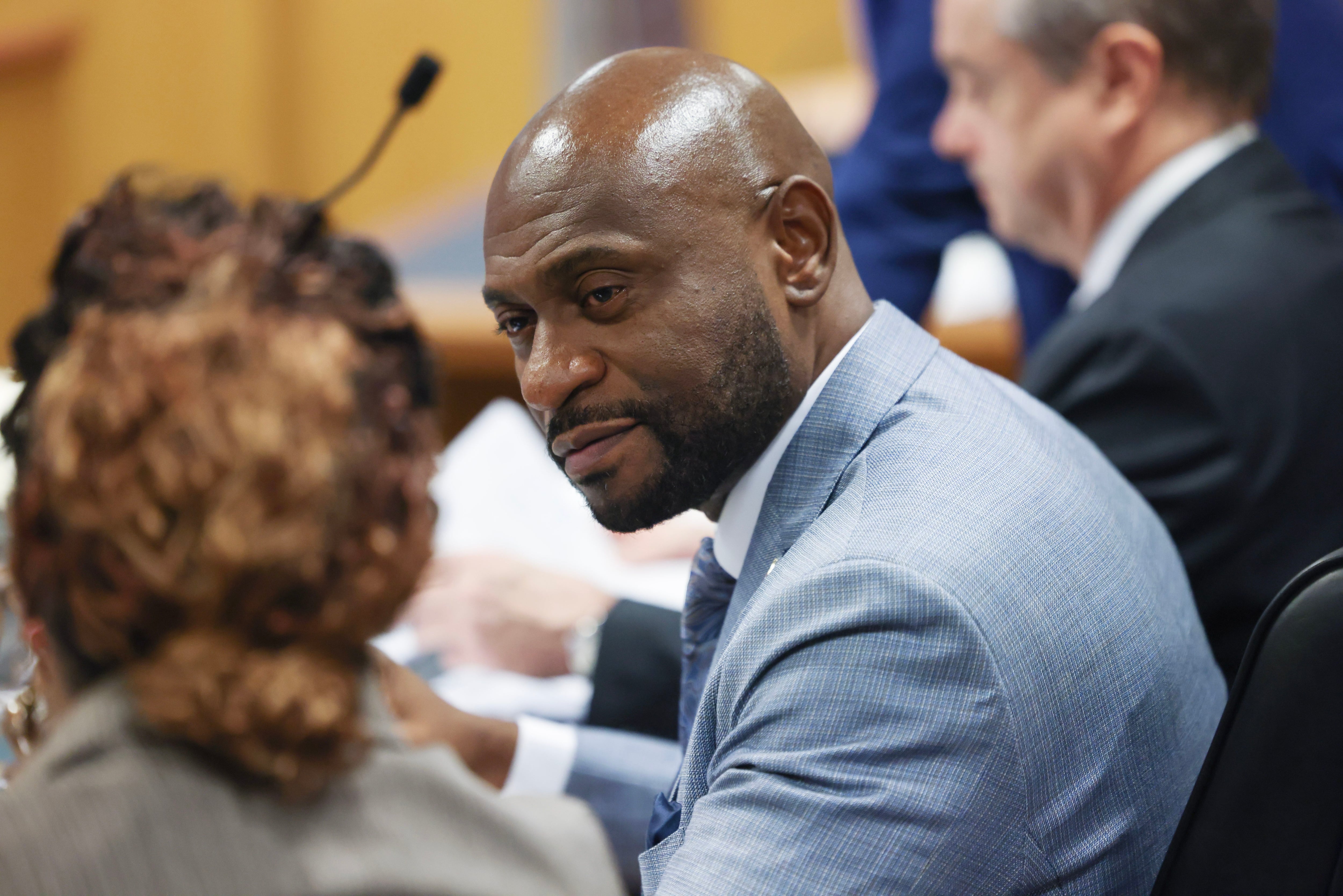 Special Prosecutor Nathan Wade, representing the District Attorney's office, argued before Fulton County Superior Judge Scott McAfee who heard motions from attorneys representing Ken Chesebro and Sidney Powell in Atlanta on Wednesday, Sept. 6, 2023.  (Jason Getz / Jason.Getz@ajc.com)