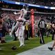 Atlanta Falcons wide receiver Drake London (5) celebrates his touchdown with Atlanta Falcons guard Chris Lindstrom (63) during the second half of an NFL football game against the Philadelphia Eagles on Monday, Sept. 16, 2024, in Philadelphia. (AP Photo/Matt Rourke)