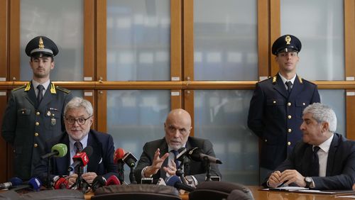 Fronr from left, National Anti-Mafia Prosecutor Giovanni Milillo, Milan's Prosecutor Marcello Viola and Milan's Police commissioner Bruno Maria Megale attend a news conference at the Milan's court, in Milan, Italy, Monday, Sept. 30, 2024. (AP Photo/Luca Bruno)