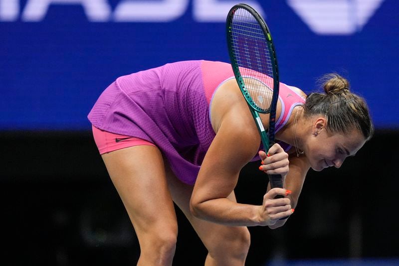 Aryna Sabalenka, of Belarus, reacts in the first set against Jessica Pegula, of the United States, during the women's singles final of the U.S. Open tennis championships, Saturday, Sept. 7, 2024, in New York. (AP Photo/Julia Nikhinson)