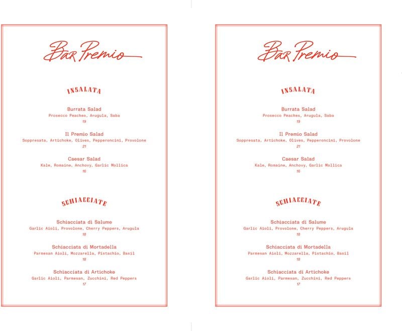 The menu for Bar Premio at Forth Hotel in Atlanta.