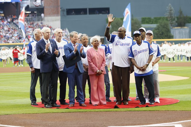 Billye Aaron, wife of Hank Aaron is joined by former 1974 Braves players  during the 50th-anniversary celebrations of Hank Aaron’s 715 home run record at Truist Park on Monday, April 8, 2024. Miguel Martinez / miguel.martinezjimenez@ajc.com 