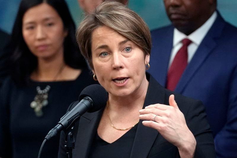 FILE - Massachusetts Gov. Maura Healey takes questions from reporters, Jan. 31, 2024, in Boston. (AP Photo/Steven Senne, File)