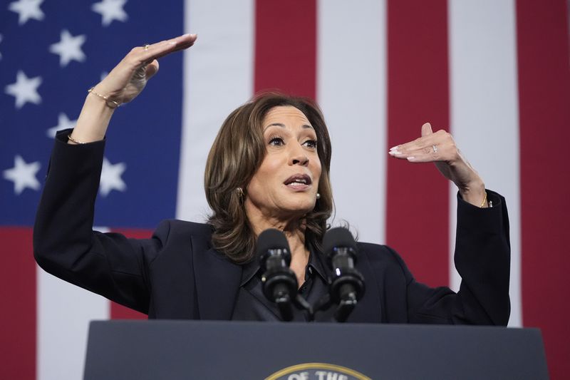 Democratic presidential nominee Vice President Kamala Harris speaks during an event at the Redford Township Fire Department North Station in Redford Township, Mich., Friday, Oct. 4, 2024. (AP Photo/Mark Schiefelbein)