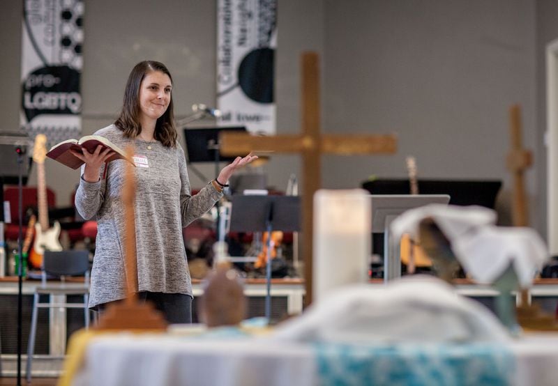 Michelle Hettman teaches during an Oct. 20, 2019, worship service at Neighborhood Church in Atlanta. BRANDEN CAMP/SPECIAL