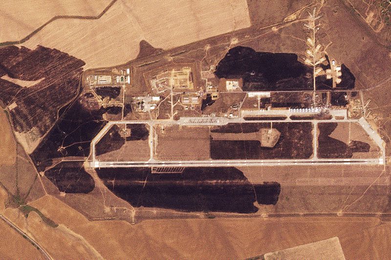 This satellite image released by Planet Labs PBC shows the aftermath of a Ukrainian drone attack on the Marinovka Air Base in Russia on Thursday, Aug. 22, 2024. (Planet Labs PBC via AP)