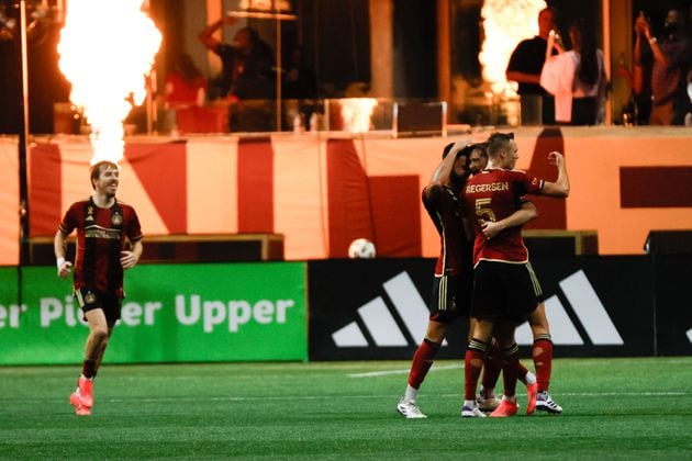 Atlanta United players celebrate after midfielder Alexey Miranchuk scores in the second half against Inter Miami at Mercedes-Benz Stadium on Wednesday, September 18, 2024, in Atlanta. The teams tied 2-2. 
(Miguel Martinez/ AJC)