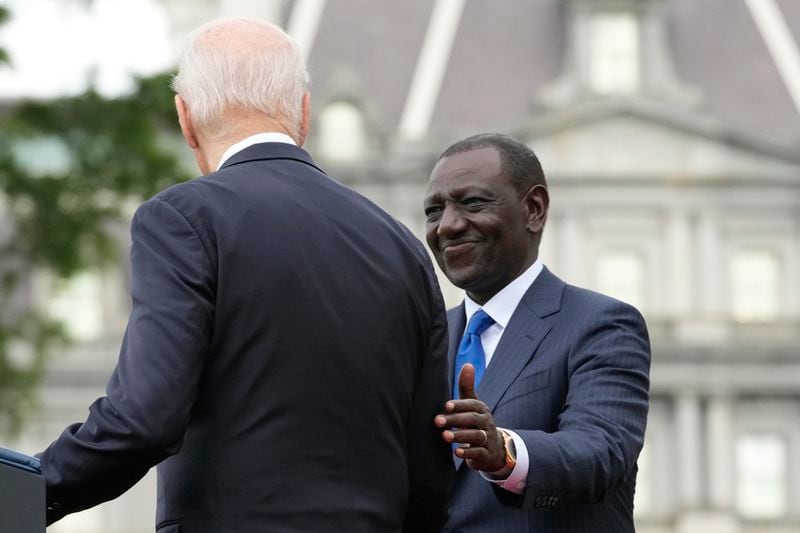 Kenya's President William Ruto, right, and President Joe Biden attend a State Arrival Ceremony Thursday, May 23, 2024, on the South Lawn of the White House in Washington. (AP Photo/Jacquelyn Martin)