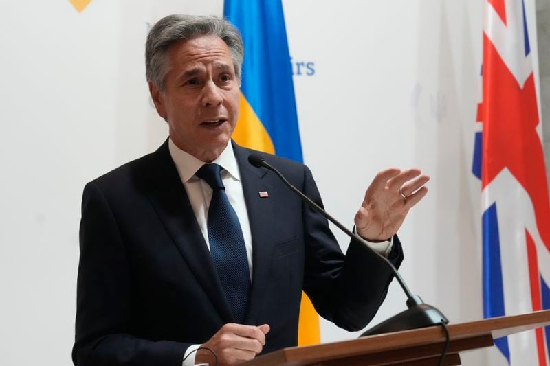 U.S. Secretary of State Antony Blinken speaks during a joint news conference with Britain's Foreign Secretary David Lammy, and Ukraine's Foreign Minister Andriiy Sybiha at the Ministry of Foreign Affairs in Kyiv, Ukraine, Wednesday, Sept. 11, 2024. (AP Photo/Efrem Lukatsky)