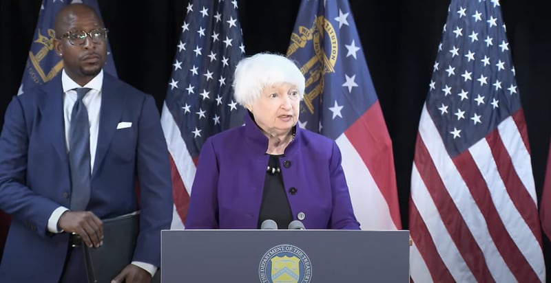 U.S. Treasury Secretary Janet Yellen speaks during a press conference Thursday morning in downtown Atlanta, where she discussed ongoing efforts to combat the opioid crisis. 
