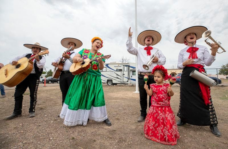 A Mariachi band performs during the ribbon-cutting ceremony to inaugurate Blackwell School as the newest National Historic Site in Marfa, Texas, Saturday, Sept. 14, 2024. (AP Photo/Andres Leighton)