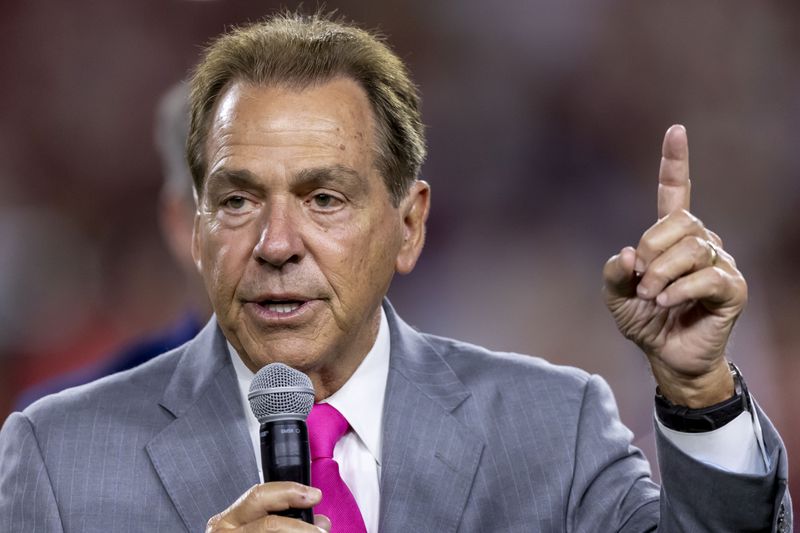 Former Alabama head football coach Nick Saban thanks the crowd during a stadium renaming ceremony at halftime of an NCAA college football game between South Florida and Alabama, Saturday, Sept. 7, 2024, in Tuscaloosa, Ala. (AP Photo/Vasha Hunt)