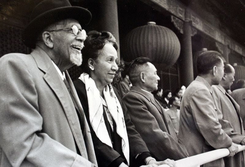 Copy photographs of W.E.B. Du Bois in the Special Collections of Atlanta University Center's Woodruff Library. This shows Dr. Du Bois (L), at age 94 visiting Peking, China for their National Day celebration on October 1, 1962. Others are (L-R), Shirley Graham Du Bois, Teng Hsiao-p'ing, Chou En-lai and Mao Tse-tung. (COPY)