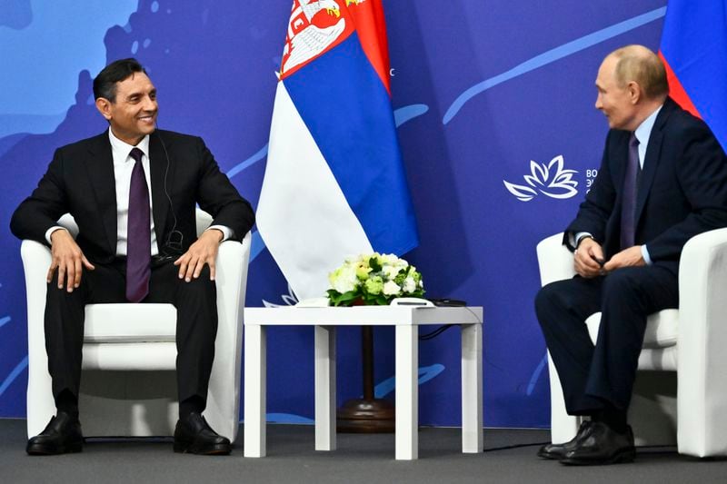 Russian President Vladimir Putin, right, and Serbian Deputy Prime Minister Aleksandar Vulin talk to each other during their meeting on the sidelines of the Eastern Economic Forum in Vladivostok, Russia, on Wednesday, Sept. 4, 2024. (Kristina Kormilitsyna, Sputnik, Kremlin Pool Photo via AP)