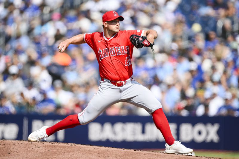 Los Angeles Angels pitcher Carson Fulmer (41) throws during first inning of a baseball game against the Toronto Blue Jays in Toronto, Saturday, Aug. 24, 2024. (Christopher Katsarov/The Canadian Press via AP)