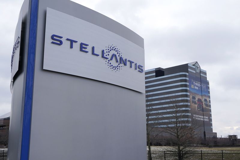 FILE - This Jan. 19, 2021 file photo shows the Stellantis sign outside the Chrysler Technology Center in Auburn Hills, Mich. (AP Photo/Carlos Osorio)