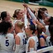 San Jose State players gather in a huddle before facing Colorado State in the first set of an NCAA college volleyball match Thursday, Oct. 3, 2024, in Fort Collins, Colo. (AP Photo/David Zalubowski)