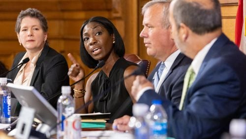 Georgia Election Board member Janelle King speaks during a board meeting Monday in Atlanta. (Arvin Temkar / AJC)