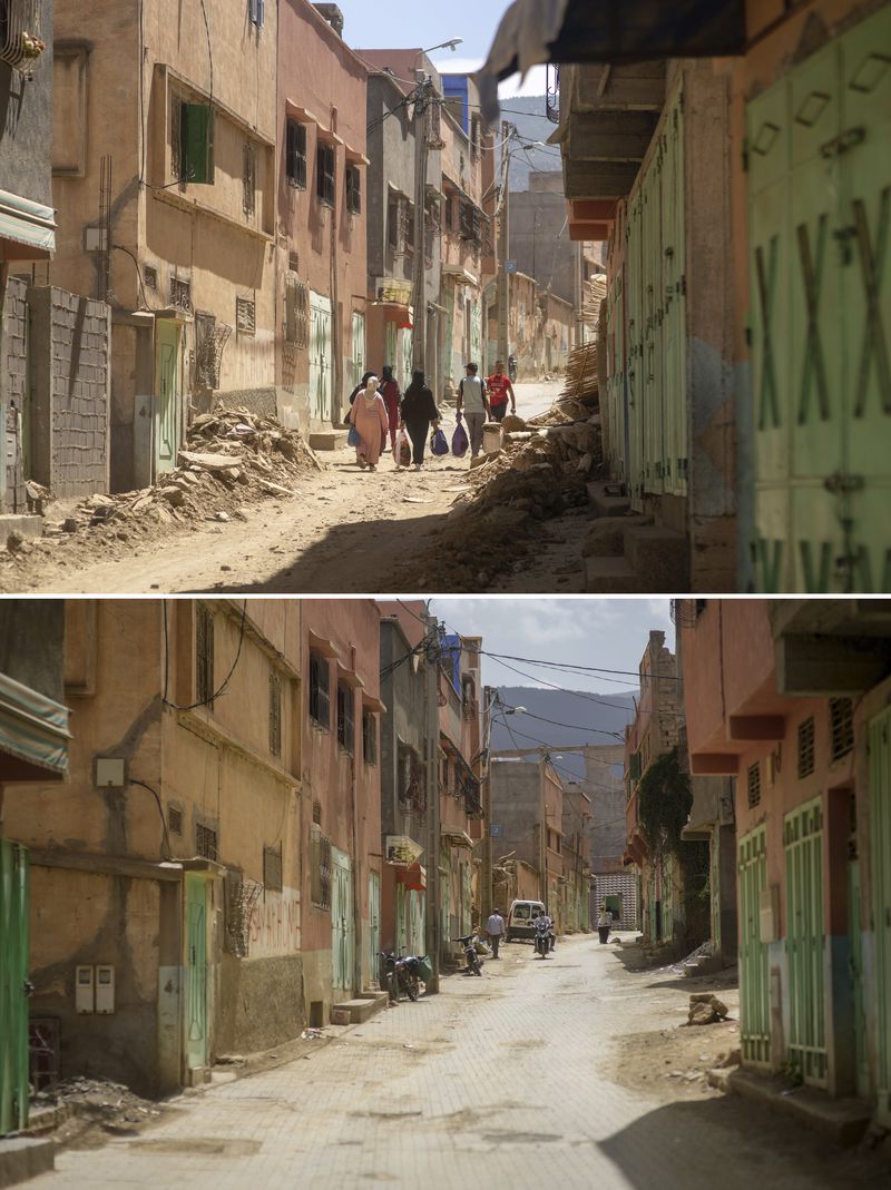 In this combination of photos, people carry possessions as they leave homes which were damaged by an earthquake, in Amizmiz, Morocco, outside Marrakech, Sept. 10, 2023, and the same street on Sept. 4, 2024. (AP Photo/Mosa'ab Elshamy)