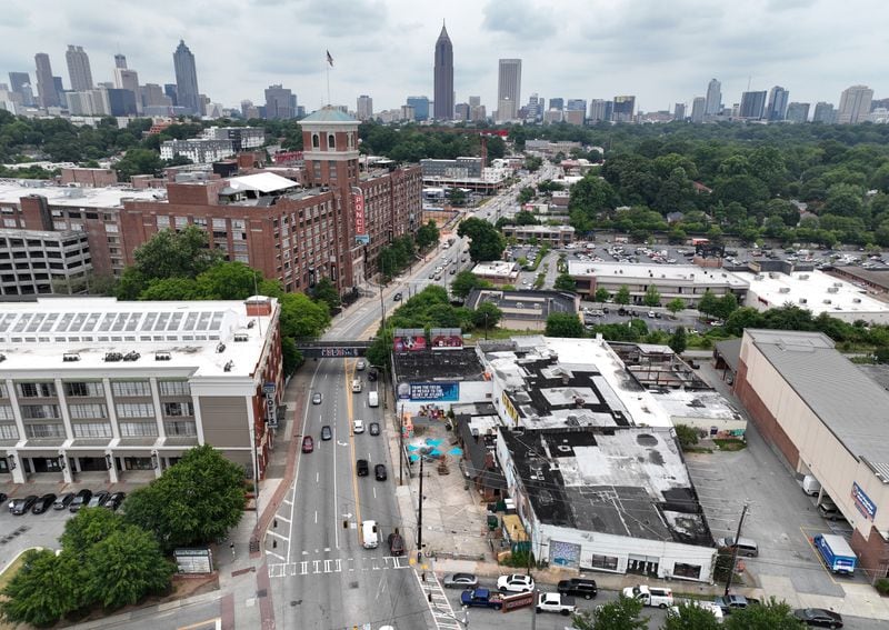 June 28, 2022 Atlanta - Aerial photograph shows a piece of Beltline-adjacent building (lower right), where 8ARM and former Paris on Ponce are located, on Ponce de Leon in Atlanta on Tuesday, June 28, 2022. (Hyosub Shin / Hyosub.Shin@ajc.com)