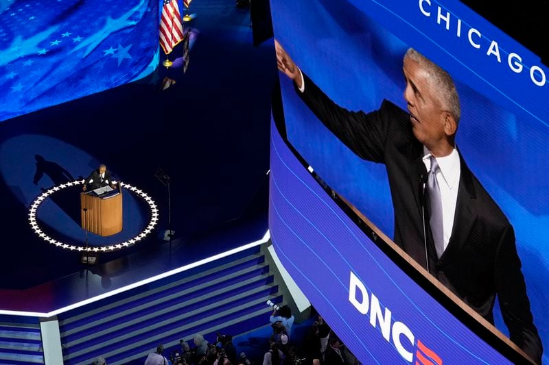 Former President Barack Obama speaks during the Democratic National Convention Tuesday, Aug. 20, 2024, in Chicago. (AP Photo/James Lipari)