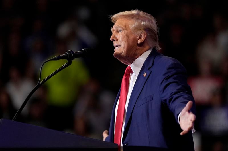 Republican presidential nominee former President Donald Trump speaks at a campaign rally at the Mohegan Sun Arena at Casey Plaza, Saturday, Aug. 17, 2024, in Wilkes-Barre, Pa. (AP Photo/Carolyn Kaster)