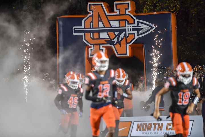 The North Cobb warriors take the field prior to the start of their game against Collins Hill Friday, Nov. 10, 2023 at North Cobb High School. (Daniel Varnado/For the AJC)