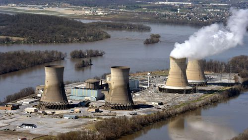 File-This April 18, 2018, file photo shows an aerial view of Three Mile Island, in Dauphin County, Pa. (Richard Hertzler/LNP/LancasterOnline via AP)