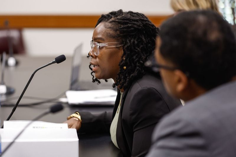 Whistleblower Amanda Timpson speaks as a witness during a hearing about District Attorney Fani Willis at the Georgia State Capitol on Thursday, May 23, 2024. Timpson worked in the DA’s office as director of gang prevention and intervention from December 2018 to January 2022. (Natrice Miller/ AJC)