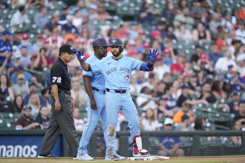 Toronto Blue Jays' Isiah Kiner-Falefa looks towards the dugout after his triple to center during the fifth inning of a baseball game against the Detroit Tigers, Thursday, May 23, 2024, in Detroit. (AP Photo/Carlos Osorio)