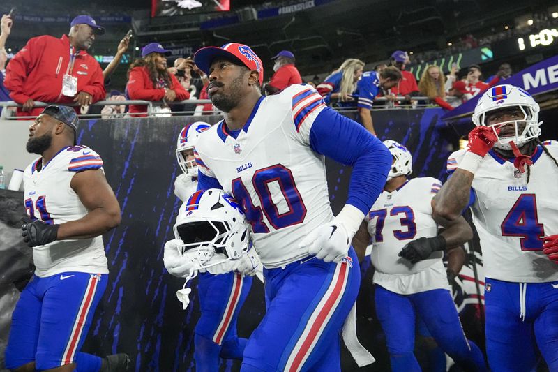 Buffalo Bills linebacker Von Miller (40) takes the field with teammates prior to an NFL football game against the Baltimore Ravens, Sunday, Sept. 29, 2024, in Baltimore. (AP Photo/Stephanie Scarbrough)