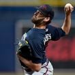 Atlanta Braves pitcher Ian Anderson delivers to the Tampa Bay Rays during the first inning of a spring training baseball game Friday, March 10, 2023, in St. Petersburg, Fla. (AP Photo/Chris O'Meara)