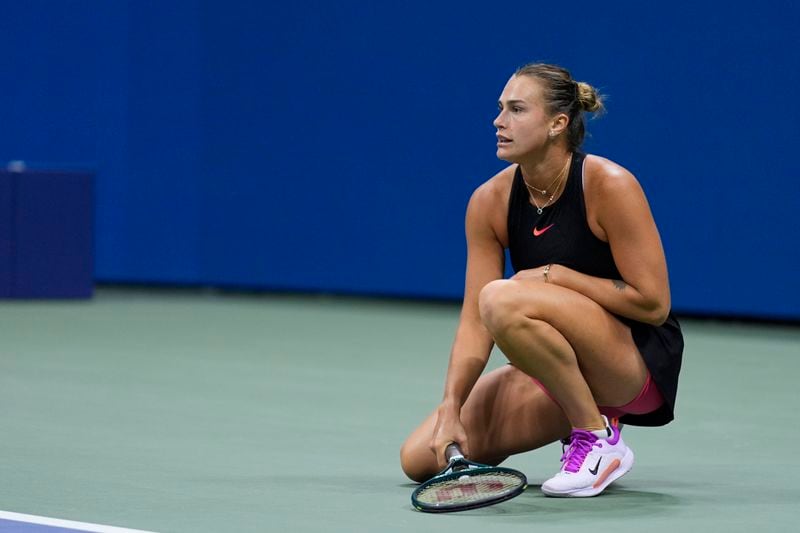 Aryna Sabalenka, of Belarus, watches a return shot to Emma Navarro, of the United States, during the women's singles semifinals of the U.S. Open tennis championships, Thursday, Sept. 5, 2024, in New York. (AP Photo/Seth Wenig)